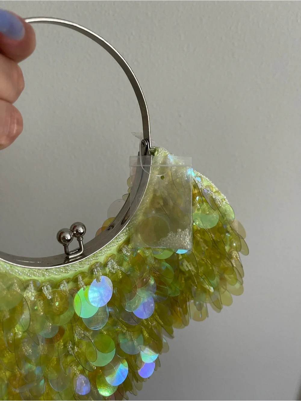 Iridescent Lime Sequin Halo Handle Clutch